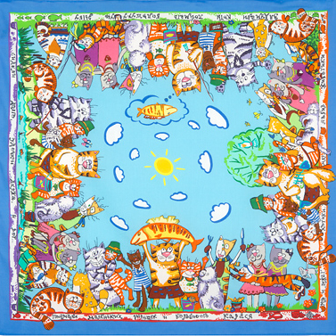 Foulard en coton "Chats à la pêche" (Bleu)
