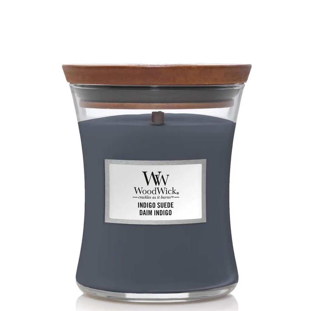 WOODWICK Medium Indigo Suede - Ароматична свічка з ароматом шкіри та мускуса