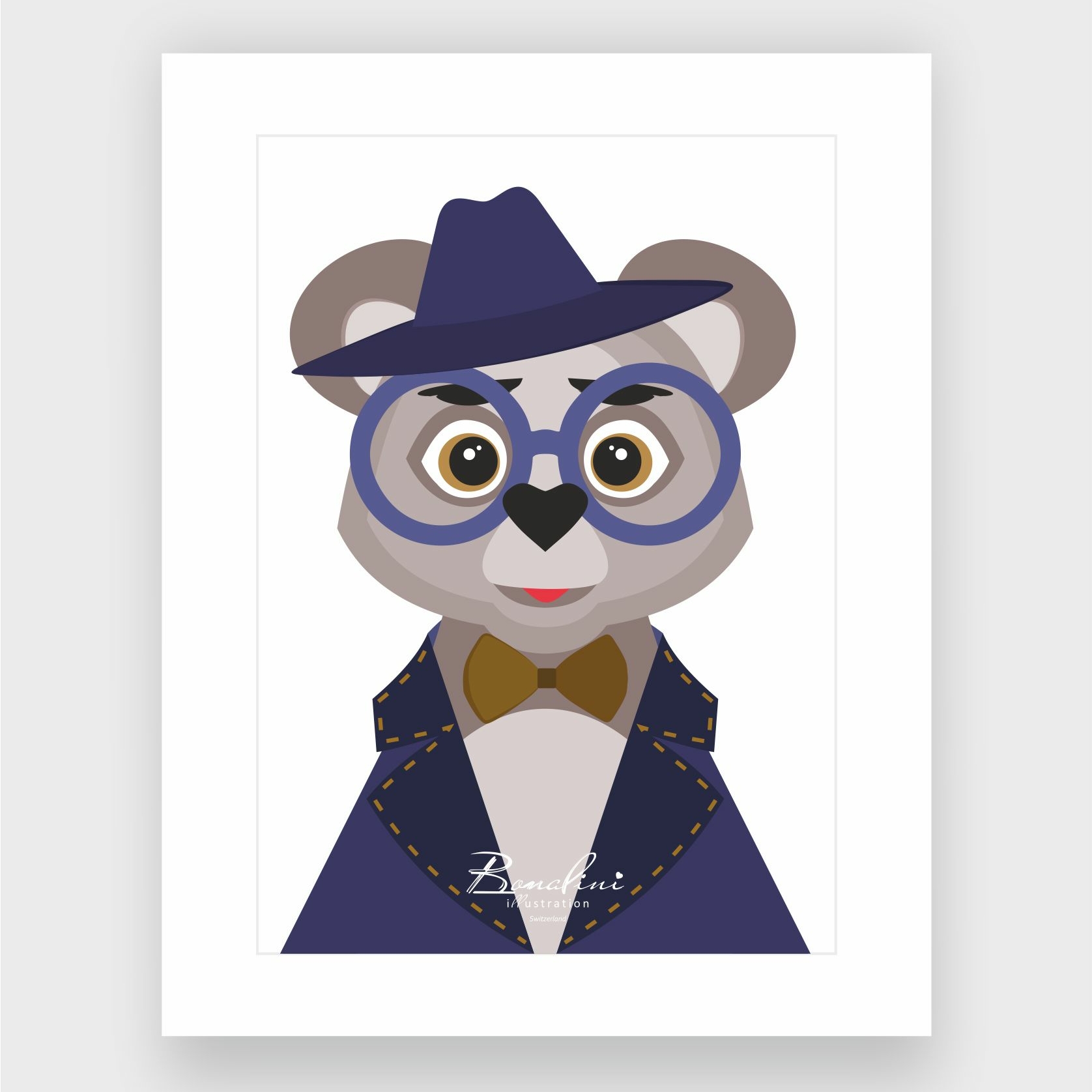 Rene The Koala art print, elegant koala wearing navy blue hat glasses and bow tie, sophisticated gentleman animal wall art for children's bedroom by Bonalini Switzerland