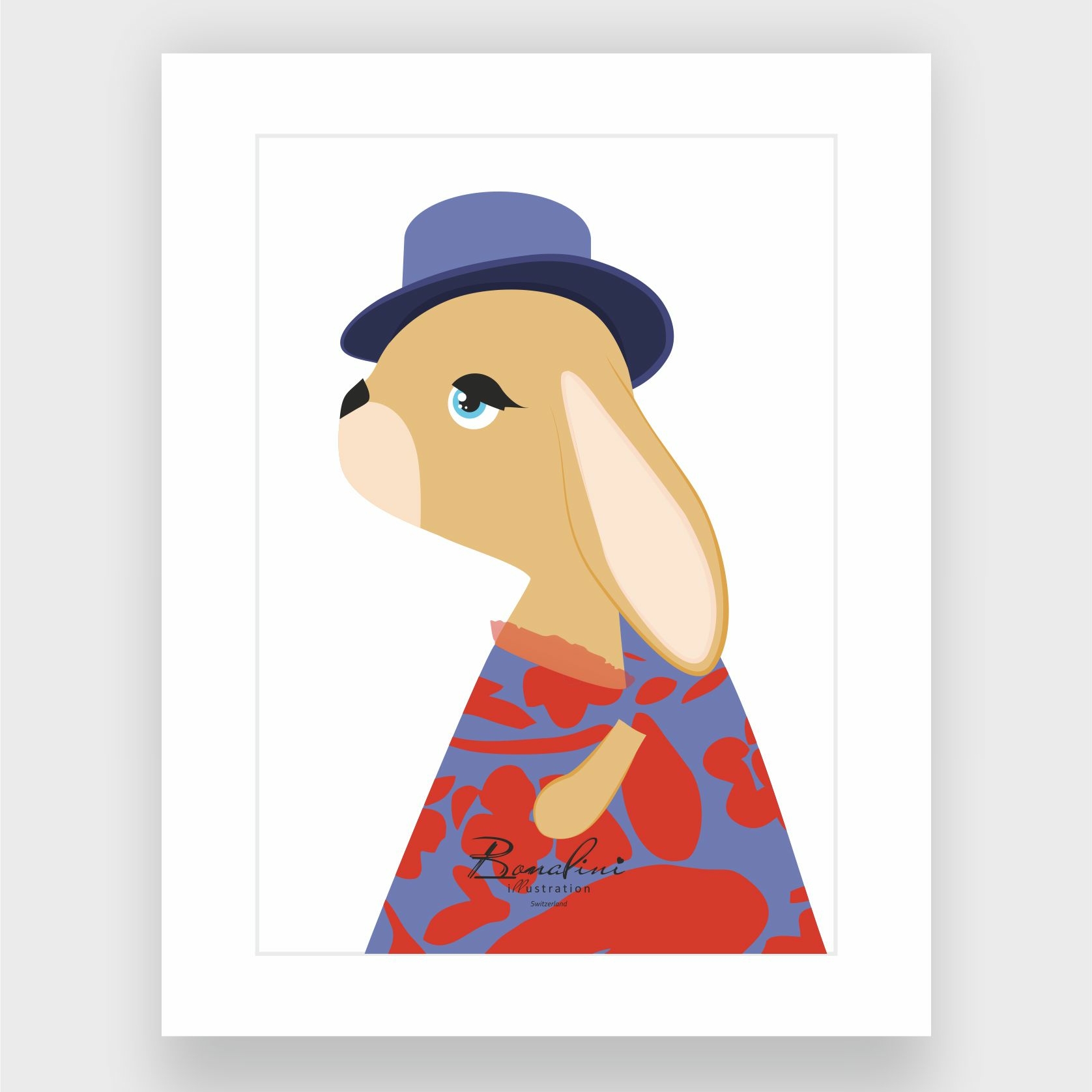 Mama The Bunny art print, elegant bunny with blue hat and red blue patterned dress, loving mother rabbit wall art for children's bedroom by Bonalini Switzerland