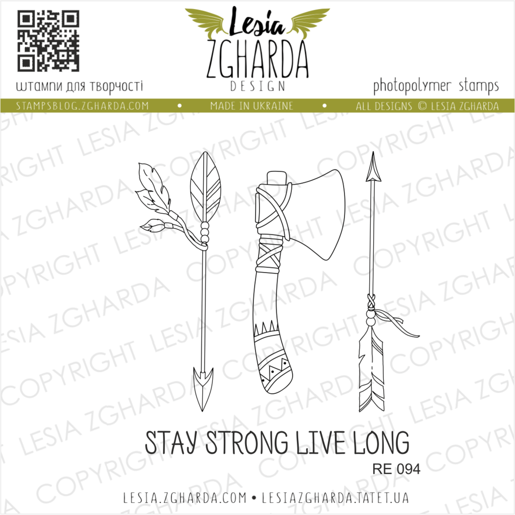 {RE094} Tribe Stamp Set "Arrows, Indian ax, and sentiments "Stay strong live long"