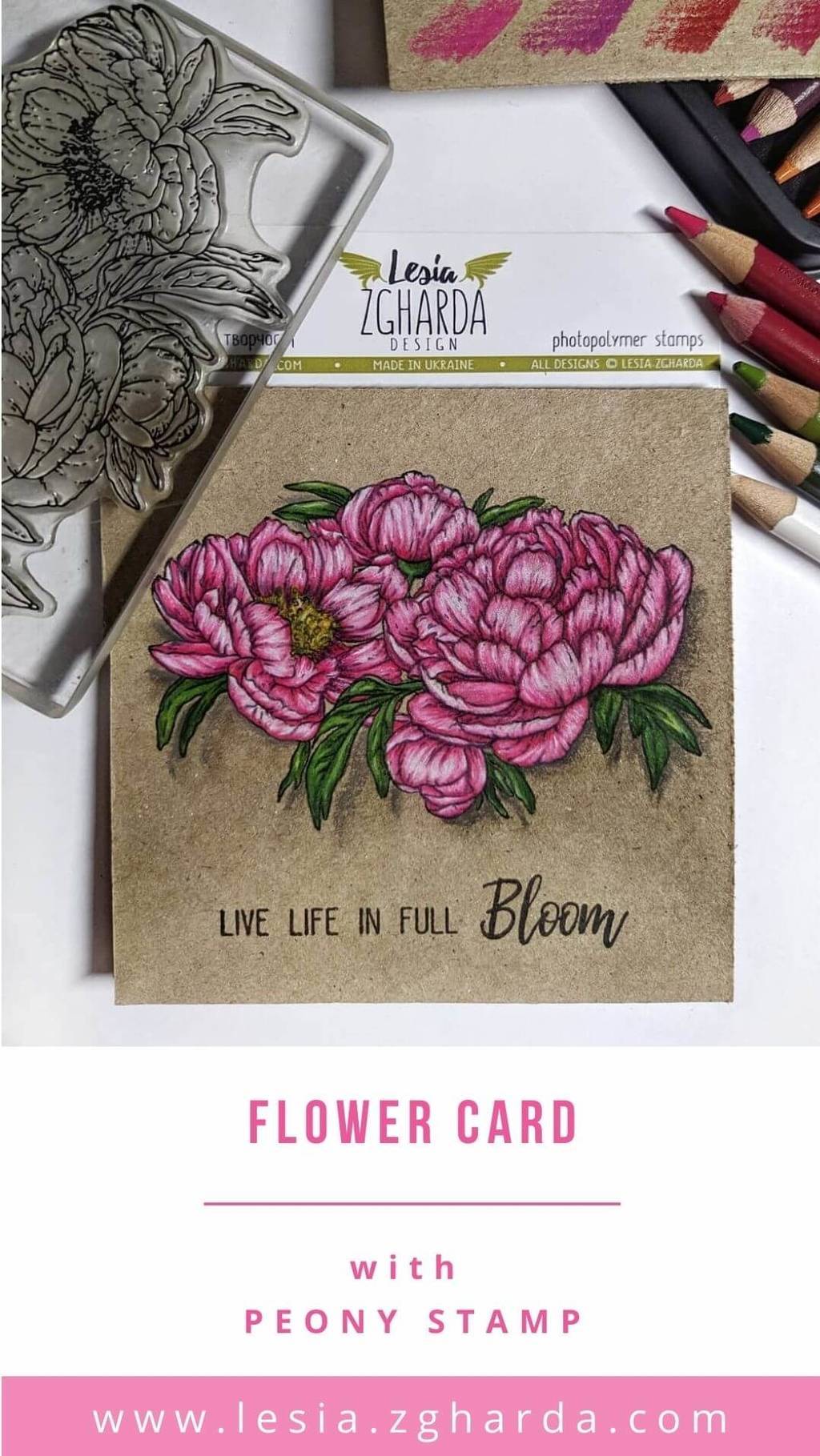 Peony stamp with sentiments Lesia Zgharda Flower Stamp Set