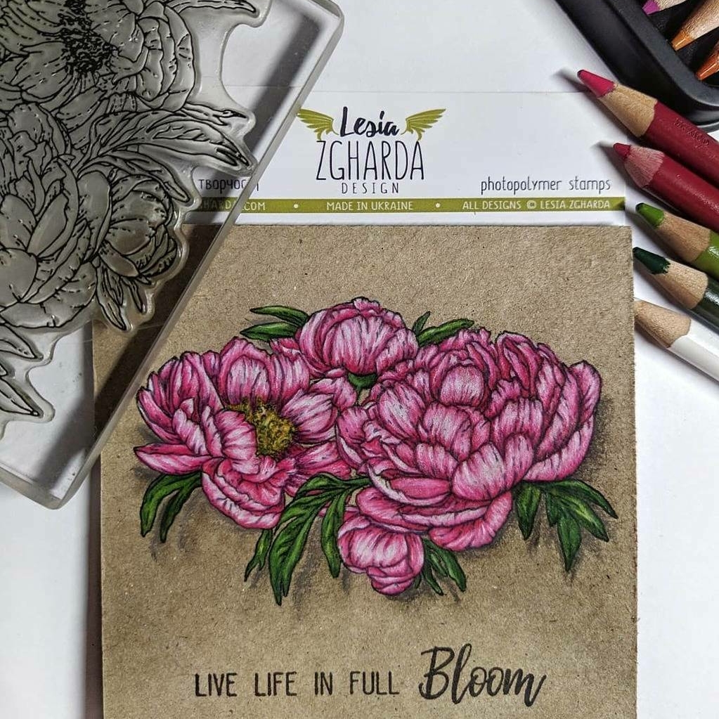 {FL312} Stamp Set "Peony flowers with sentiments "Live life in full Bloom"