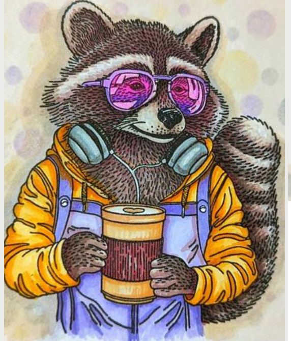 {FA186} Stamp "Raccoon with a coffee"