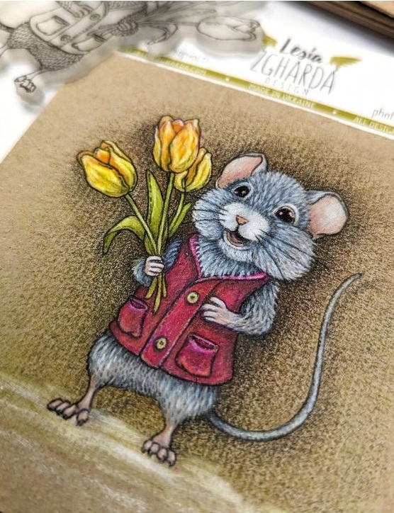 {FA208} Stamp "Mouse with bouquet of tulips"