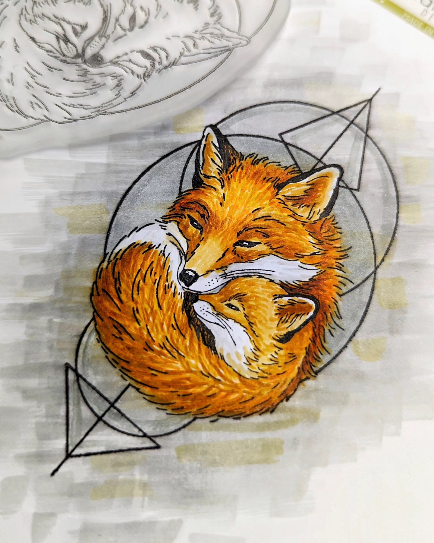 {FA211} Stamp "Foxes hugs with geometric ornament"