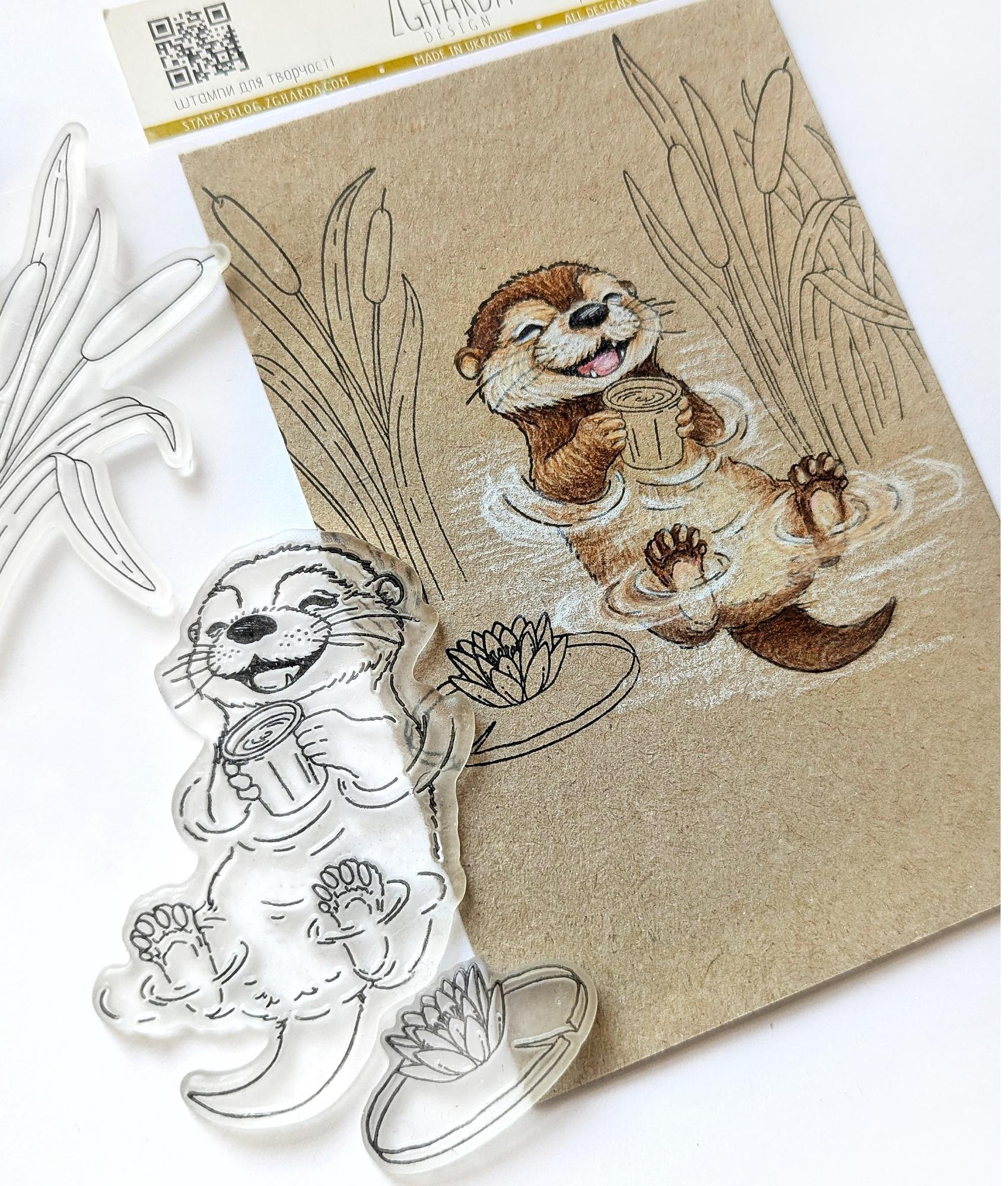 {FA267} Stamp "Cute Otter with a Cup"