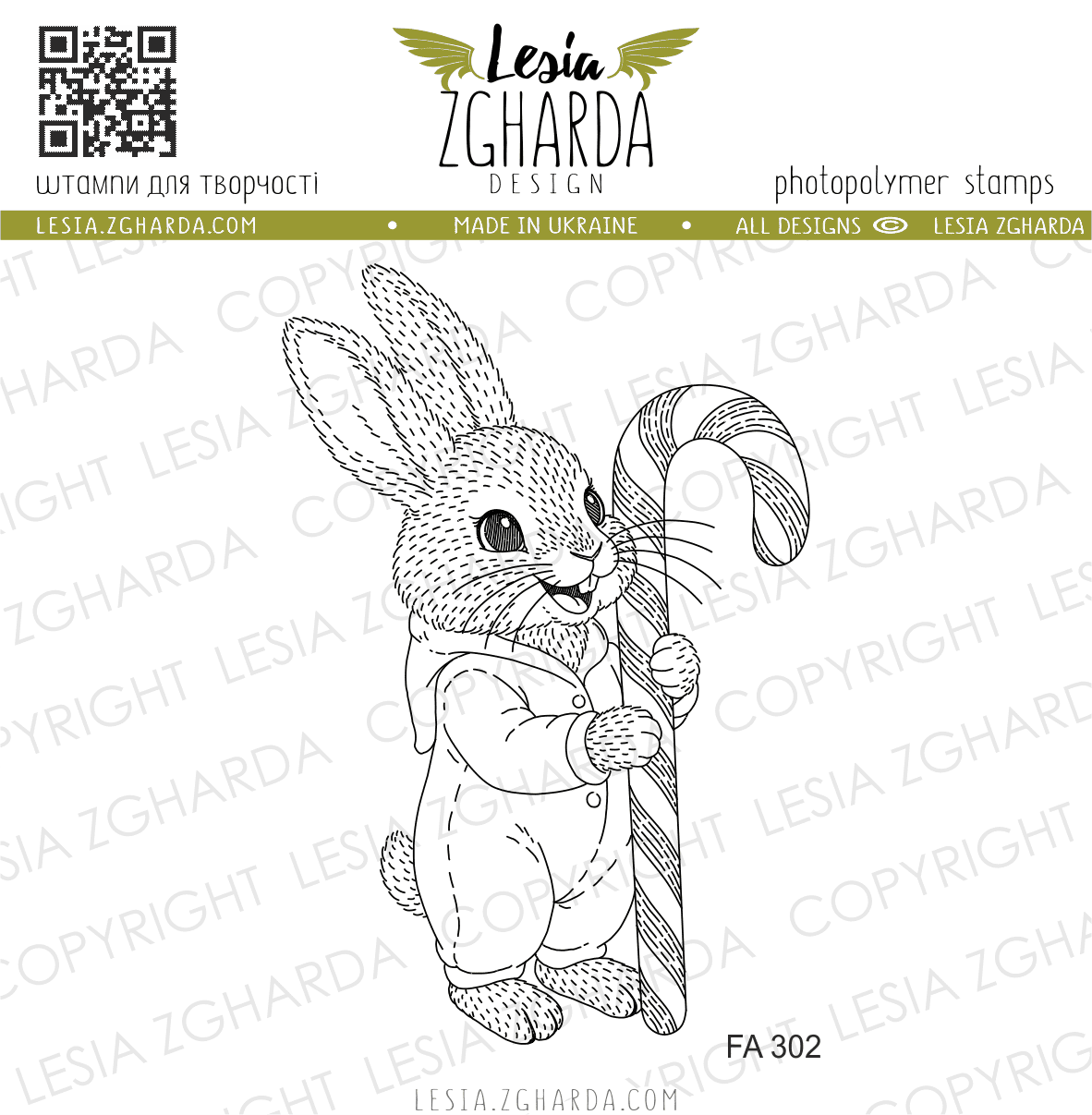 {FA302} Stamp "Bunny in Pajamas with Candy Cane"