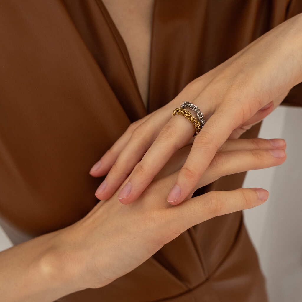 Парное обручальное кольцо с плетением косички, комбинированное золото, 585 пробы