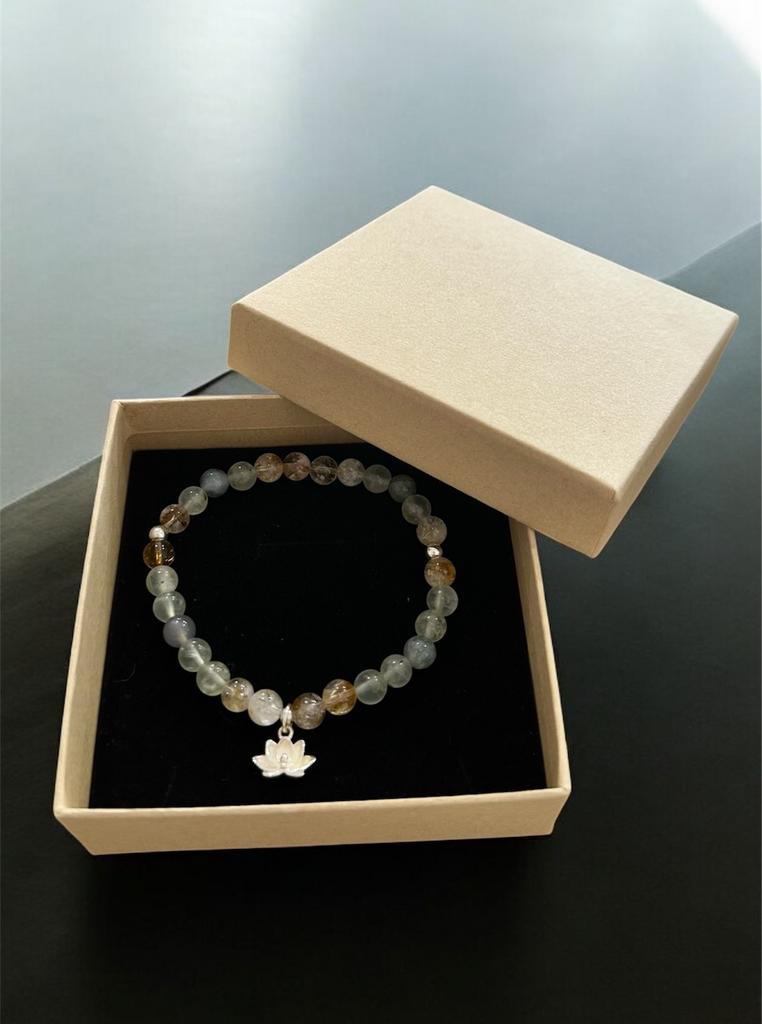 Браслет (Цитрин, Пренит и Моховый Агат) подвеска с Лотосом