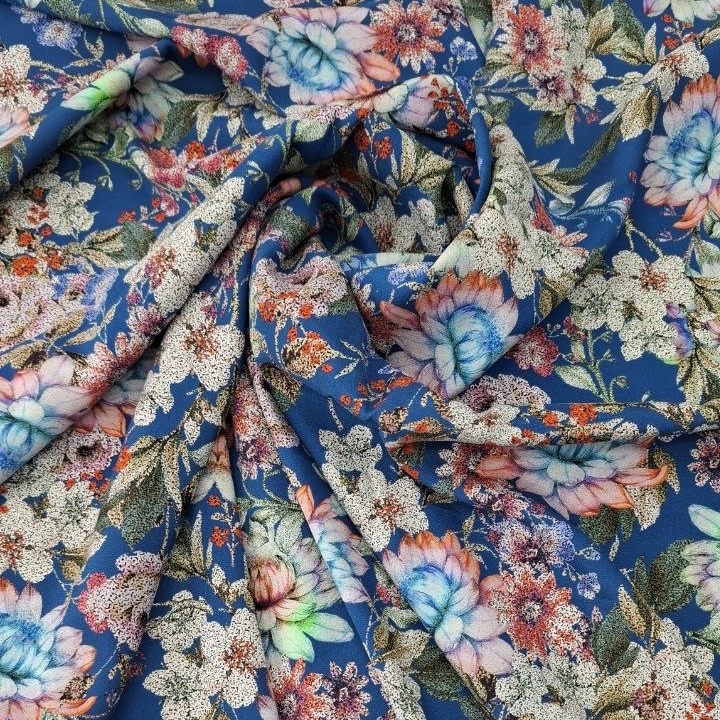 Шелк атласный с эластаном E.T.R.O фон синий с цветочным принтом