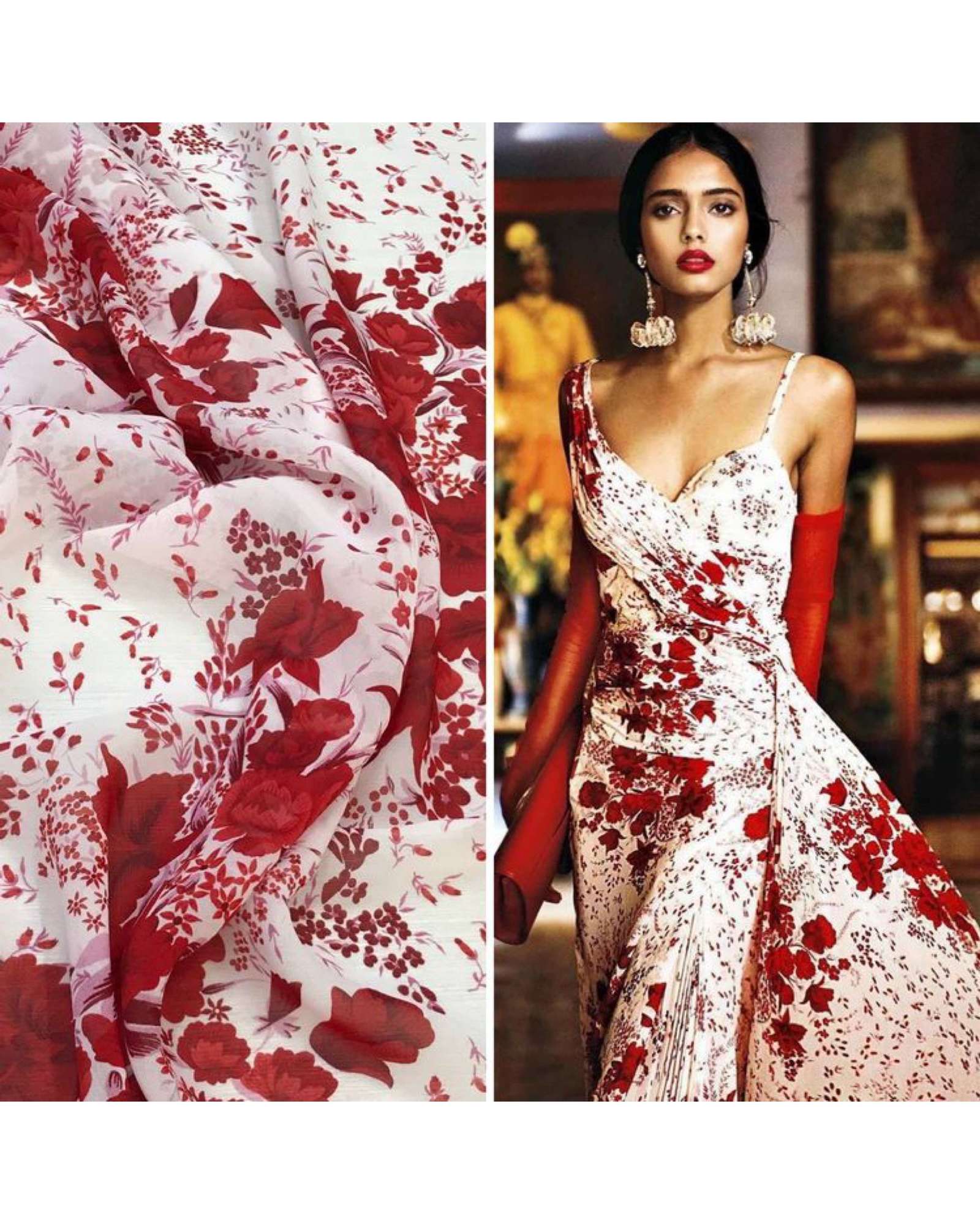 3,2m Шифон-жоржет шелковый оригинал Scervin0 фон белый с красным цветочным принтом