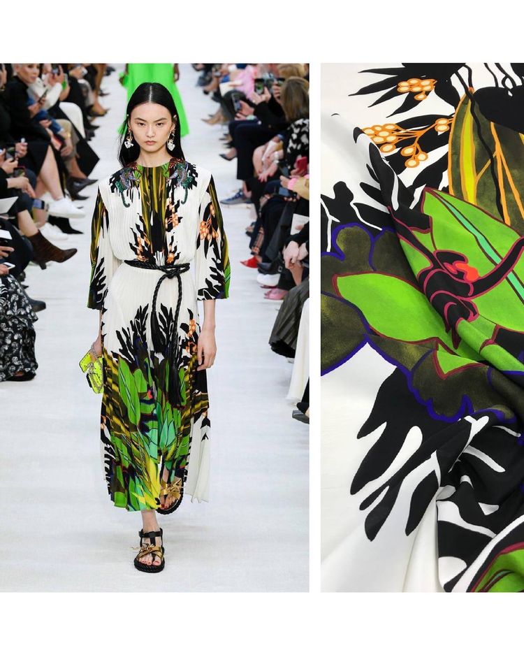 2 купона  Шёлковый крепдешин оригинал V@lentino черный/зеленый/белый