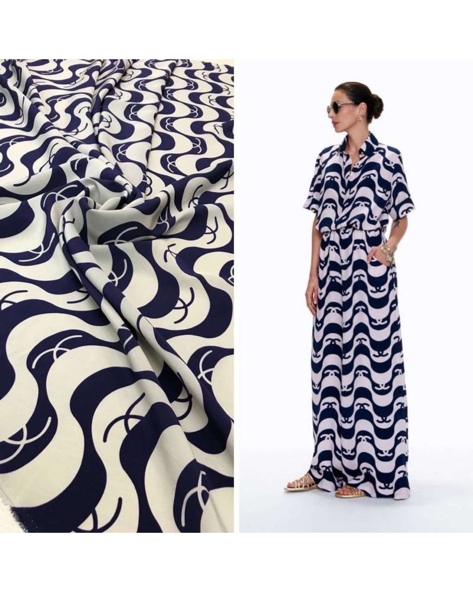 3,3m Шелковый крепдешин Ch@nel сине-белая волна