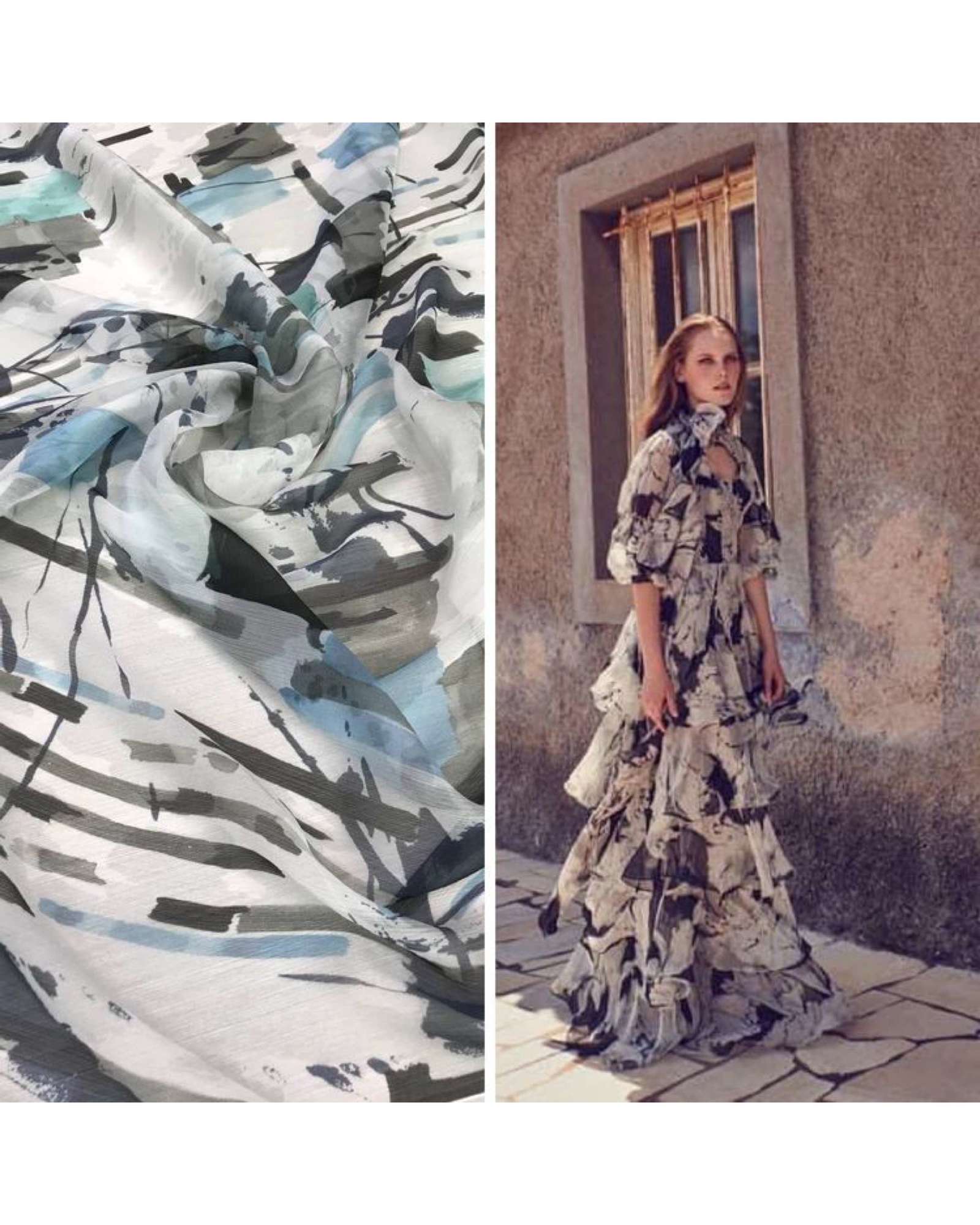 Крэш-шифон шёлковый Di0r фон белый, принт серо-голубая абстракция