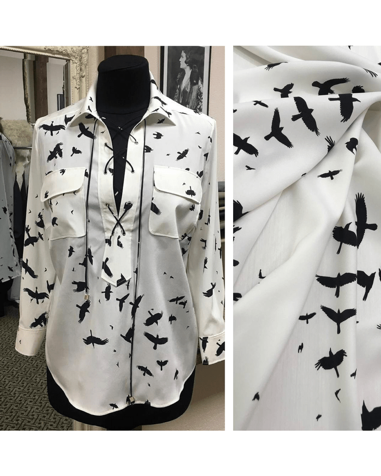 Шелк атласный с эластаном фон белый/принт черные птицы