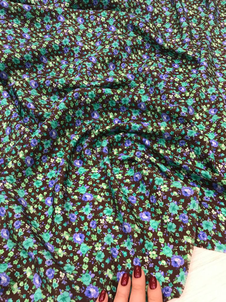 Шёлк атласный PAROSH фон коричневый с бирюзовыми цветами