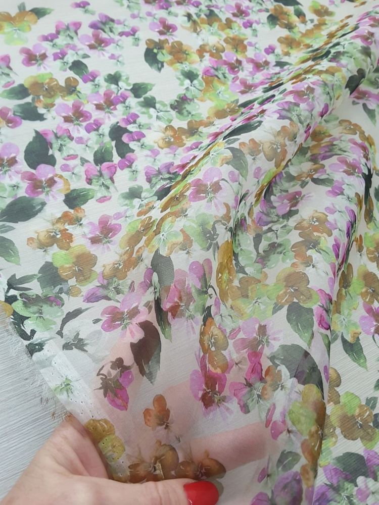 2,5м Органза шёлковая фон молочный с розово-желтым цветочным принтом