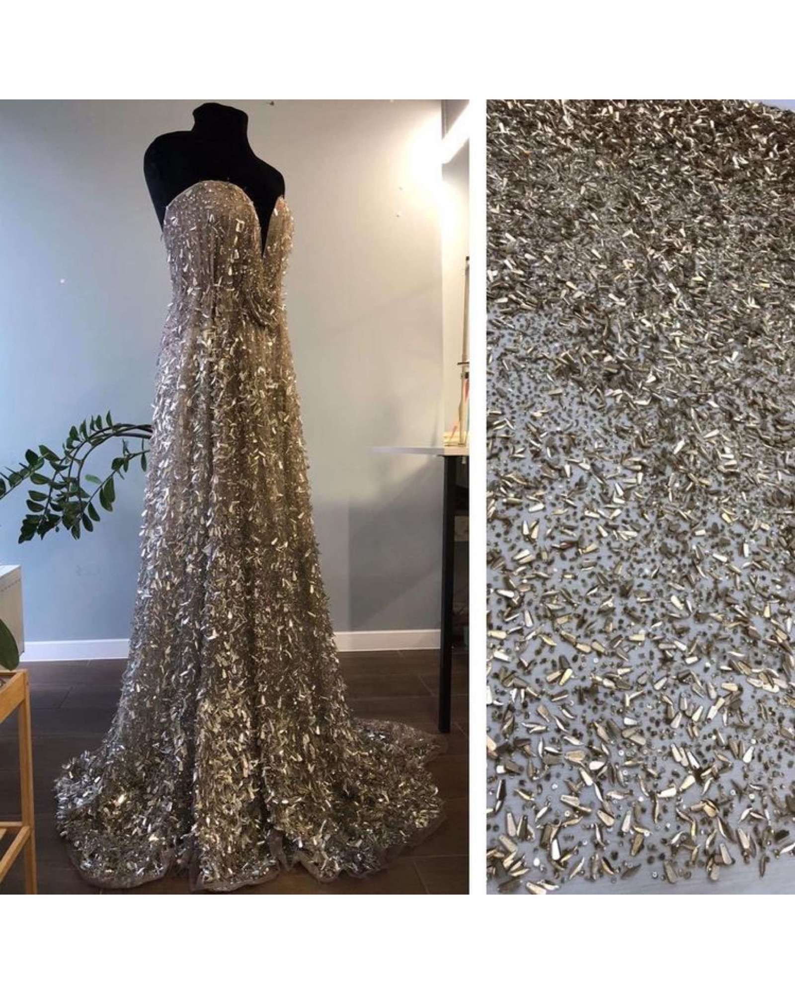 1,42м Вышивка ручной техники Haut Couture золотая пайетка с бисером на нюдовой сетке