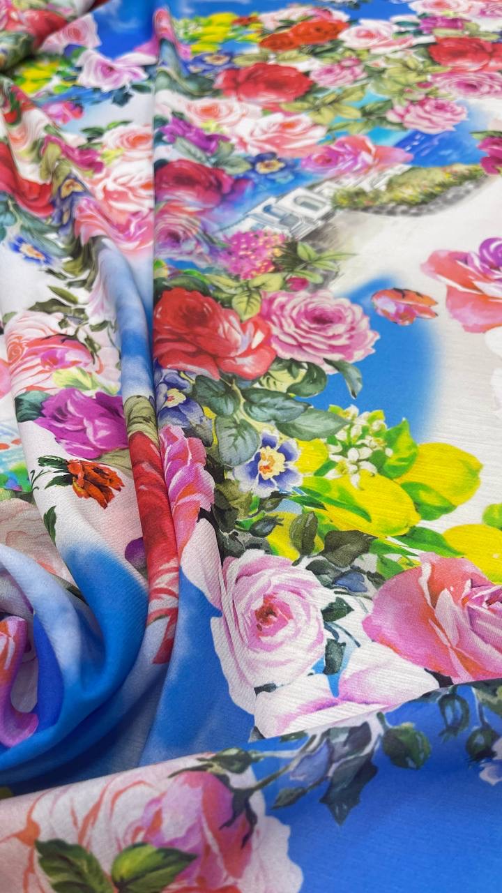 Шифон-жоржет шелковый DG принт Город в цветах на белом фоне