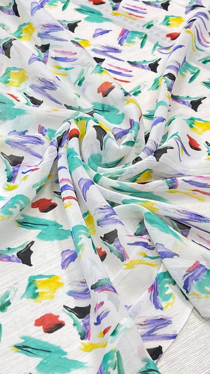 Шифон-жоржет шелковый подписной LV фон белый multicolor