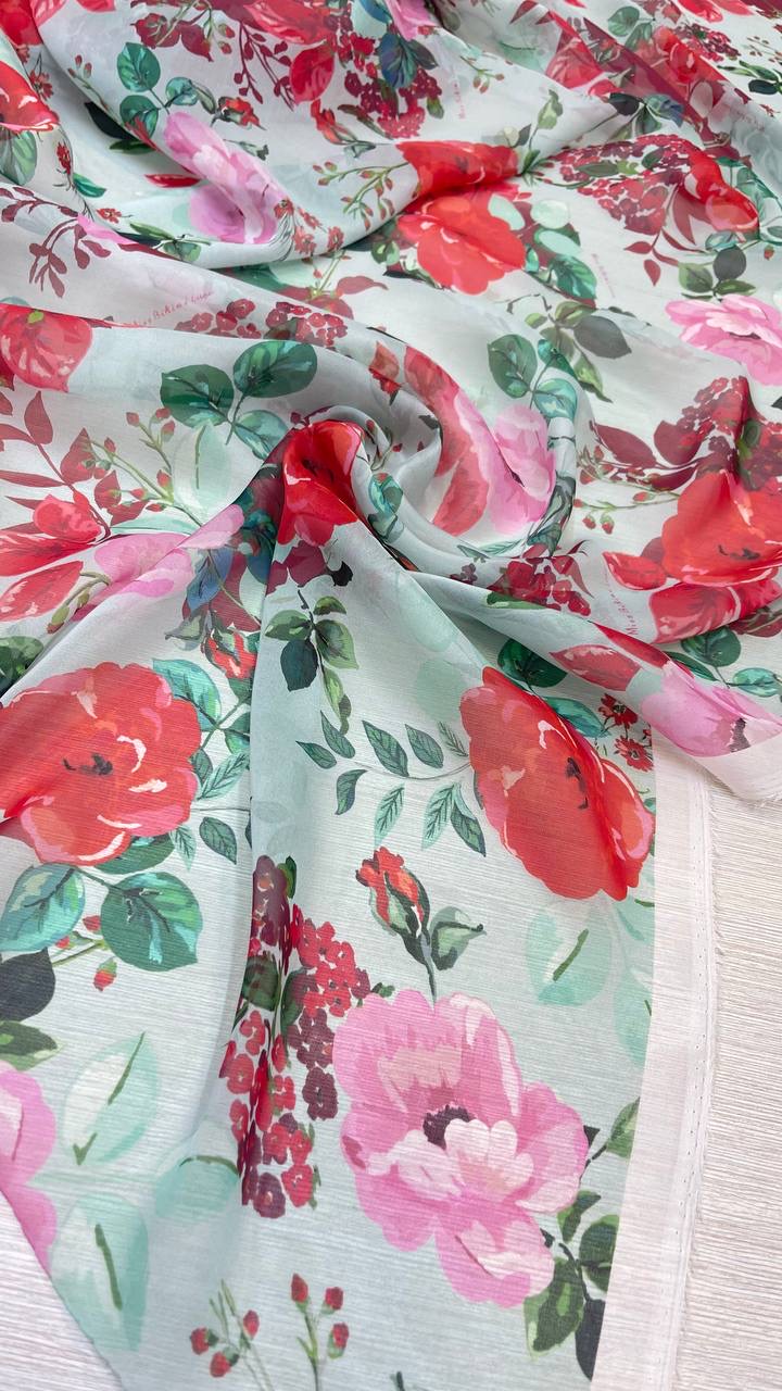 2.3м Шелковый шифон фон бирюзовый с красно-розовым цветочным принтом