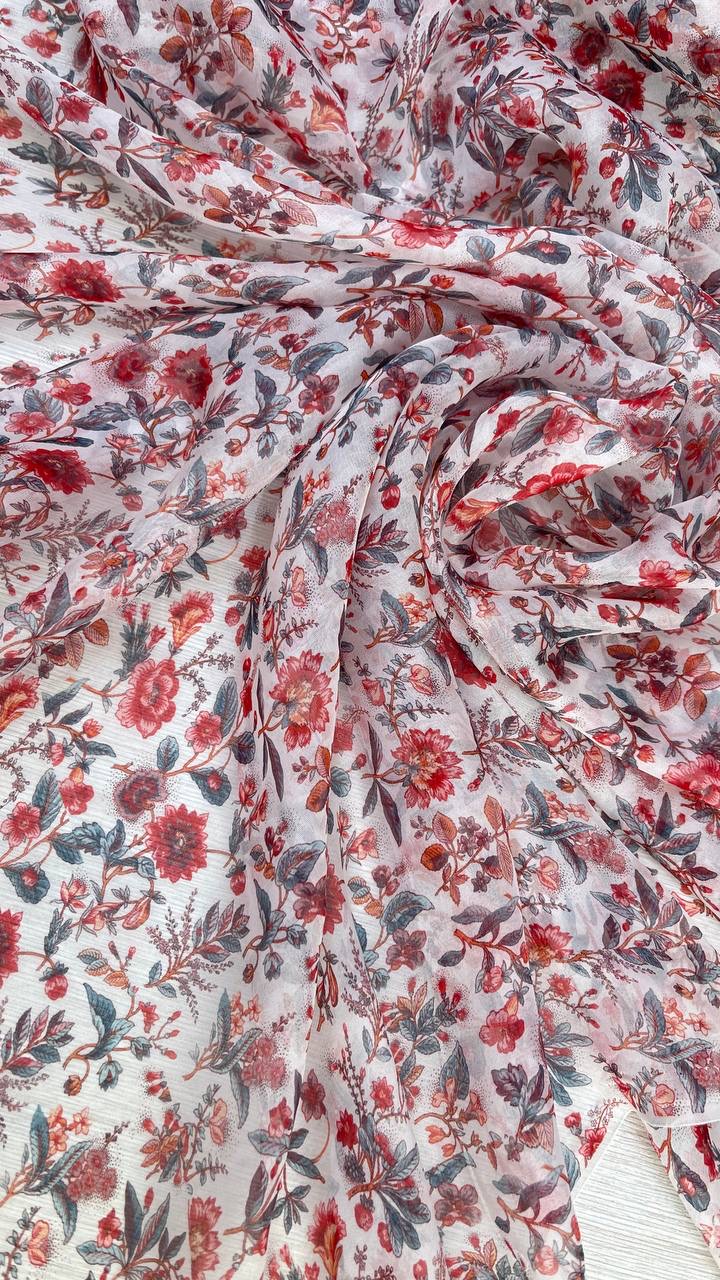 Шелковый шифон фон белый с серо-красным цветочным принтом