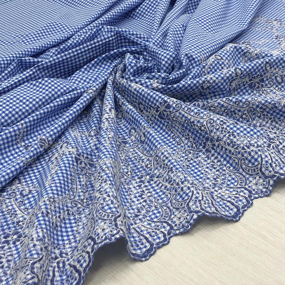 Французская вышивка на хлопке haute couture Scervin0 основа голубая в белую клетку