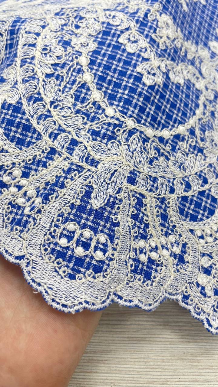 Французская вышивка на хлопке haute couture Scervin0 основа голубая в белую клетку