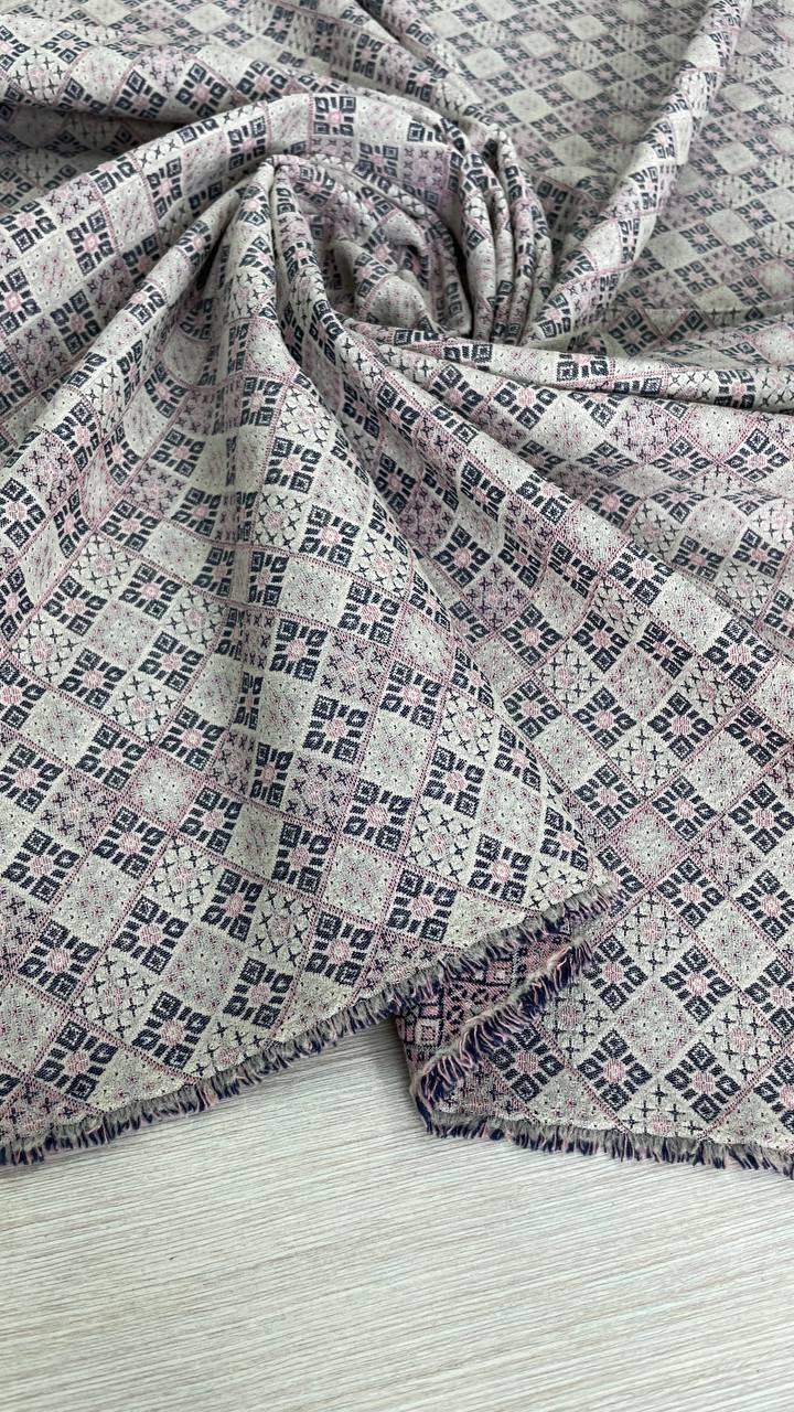 Хлопковый жаккард с добавлением вискозы и эластана серо-пудровый восточный орнамент