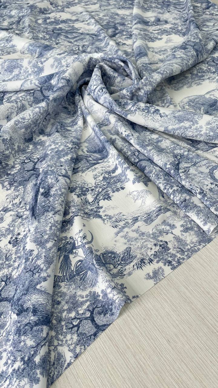 Шелк атласный с эластаном в стиле D.or принт темно-синий на белом фоне