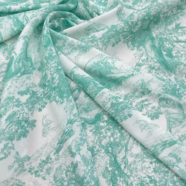 Шелк атласный с эластаном в стиле D.or принт мятный на белом фоне