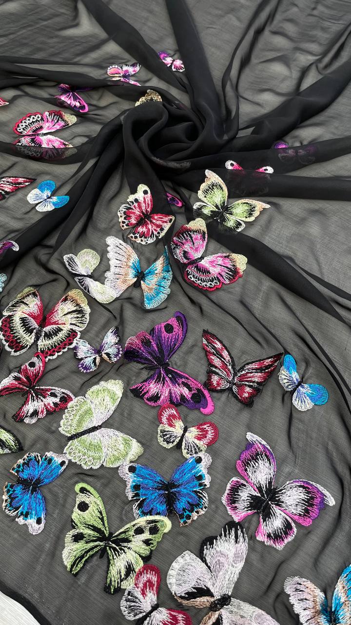 Шифон шелковый V@lentino бабочки на черной основе