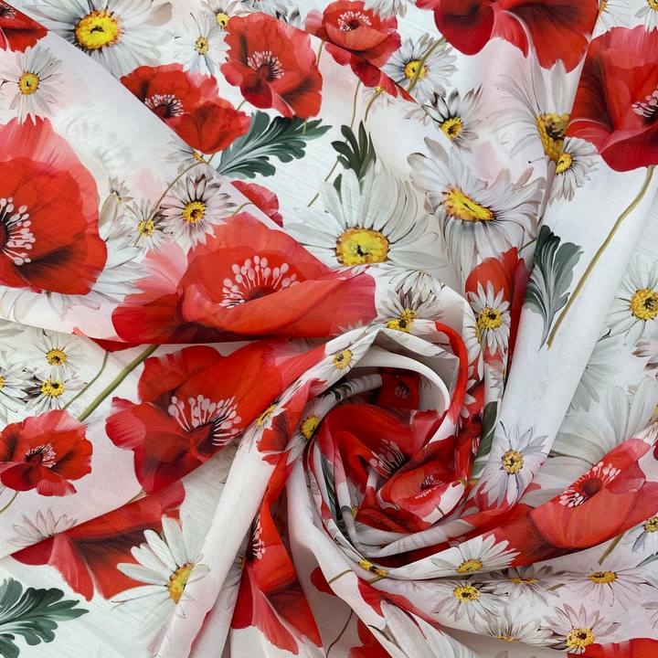 1,3м Шифон-жоржет шелковый DG маки и ромашки на белом фоне