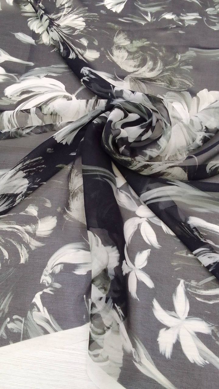 2,2м Шифон-жоржет шелковый фон черный с белым цветочным принтом