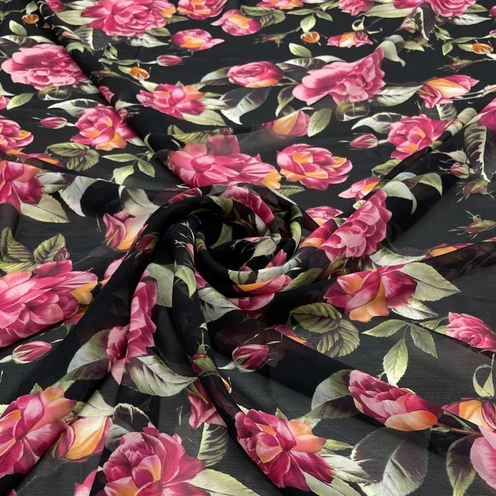 2,20м Шифон-жоржет шелковый фон черный с принтом из роз