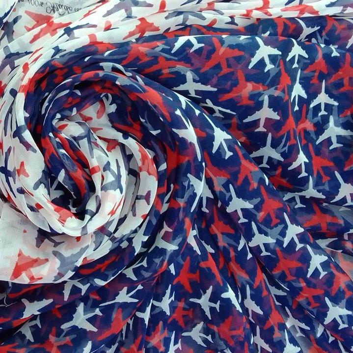 Шелковый шифон фон синий с красно-синими самолетами