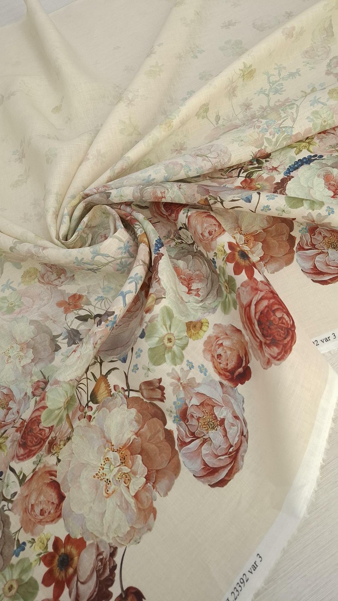 2,7м Плательный лён купоном Zim.merman фон слоновая кость/нежные пастельные тона