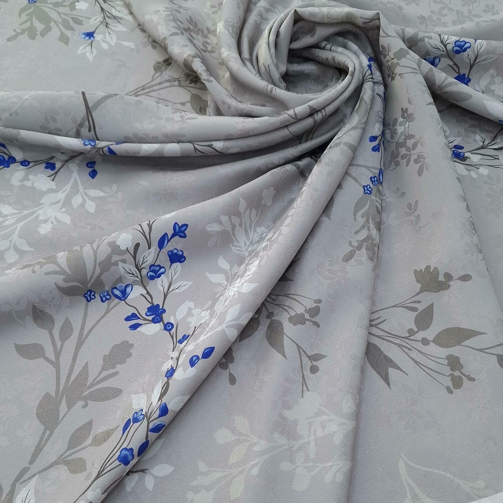 Шелк атласный с жаккардовым плетением exclusive design фон светло-серый с цветочным принтом