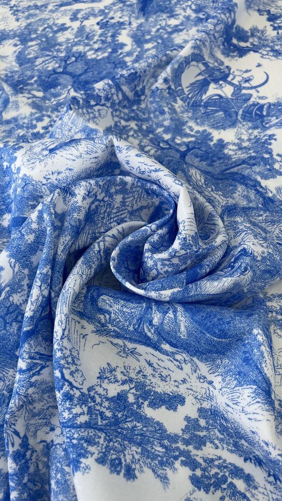 Шелк атласный с эластаном в стиле D.or принт голубой на белом фоне