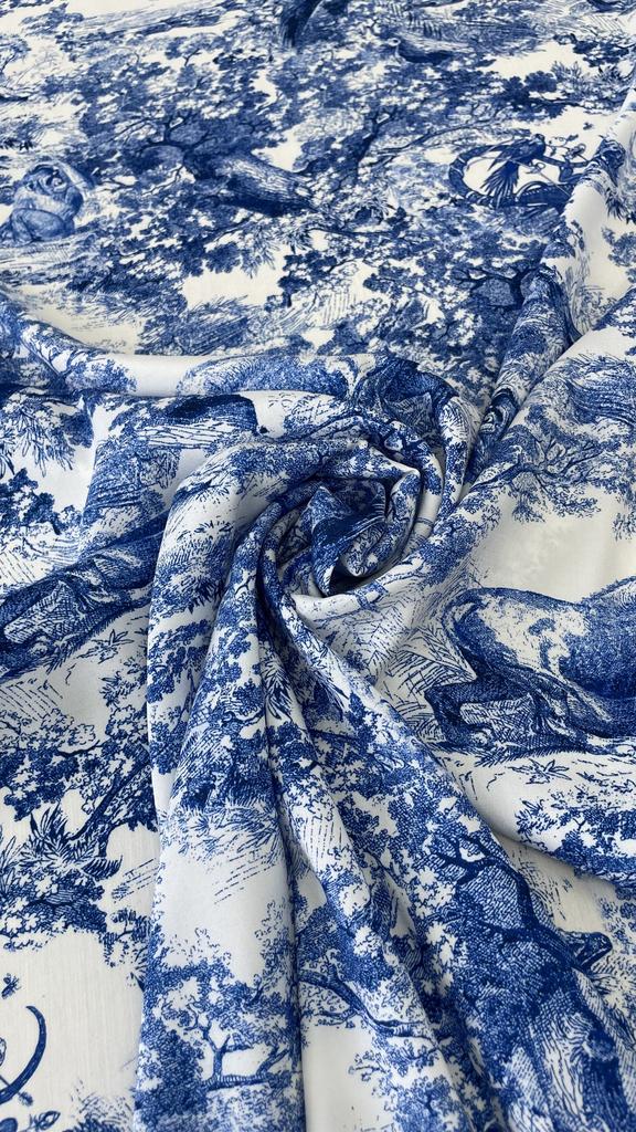 Шелк атласный с эластаном в стиле D.or принт темно-синий на белом фоне