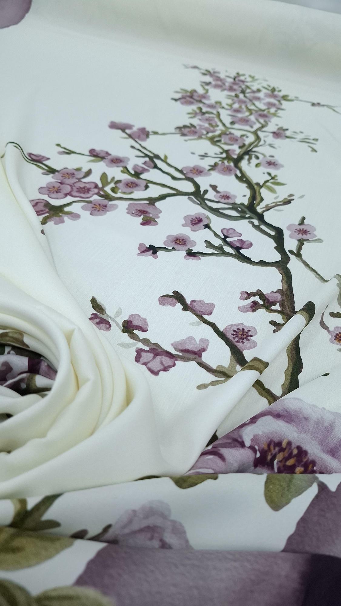 Шелк атласный с эластаном в стиле D.or принт фиолетовый/молочный принт сакура/пионы