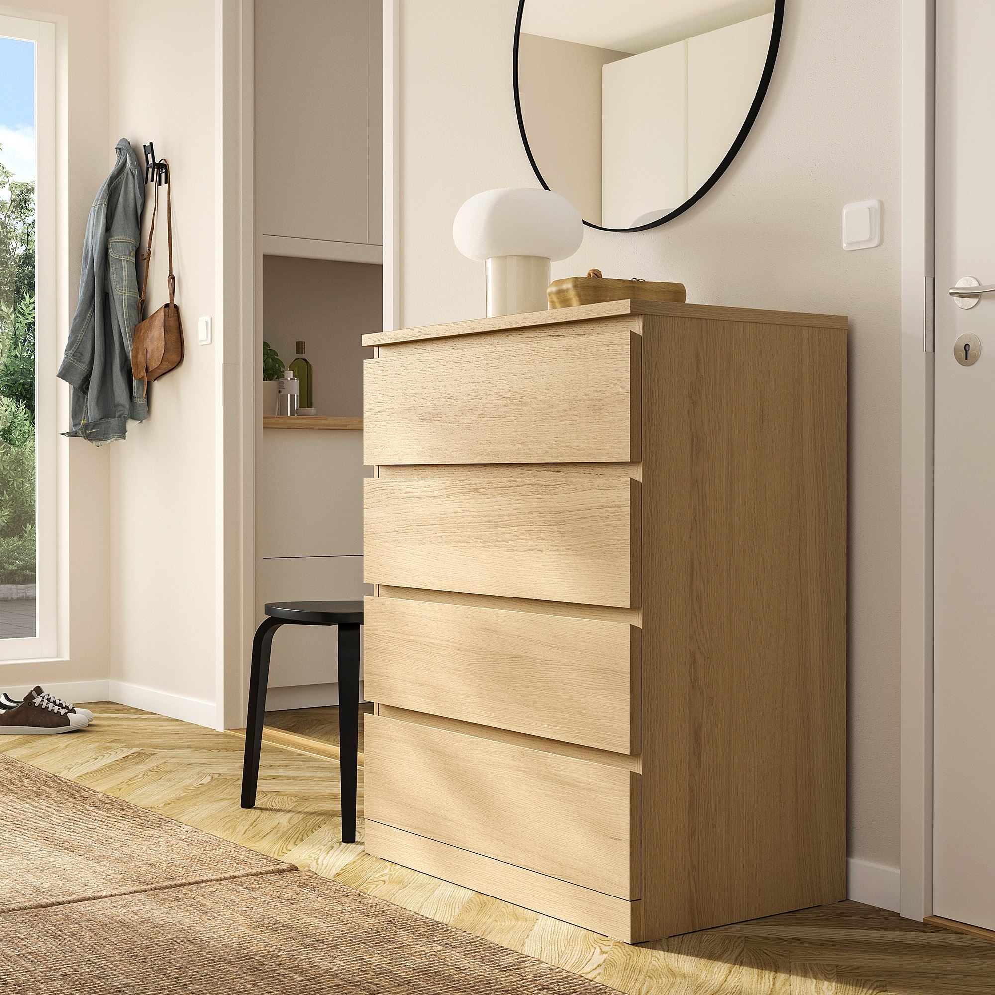 MALM IKEA Комод с 4 ящиками, 80x100 см, дубовый шпон, беленый