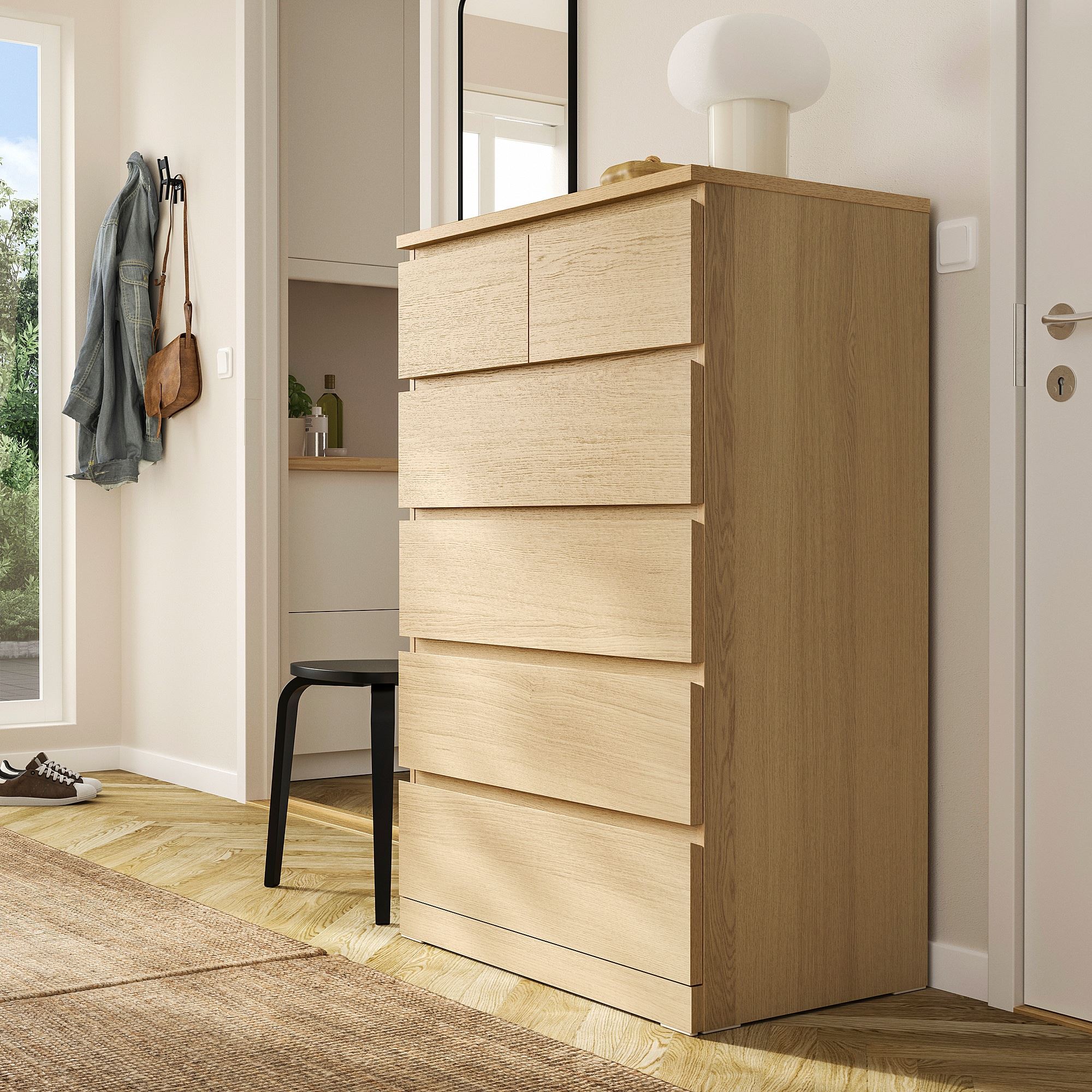 MALM IKEA Комод с 6 ящиками, 80x123 см, дубовый шпон, беленый