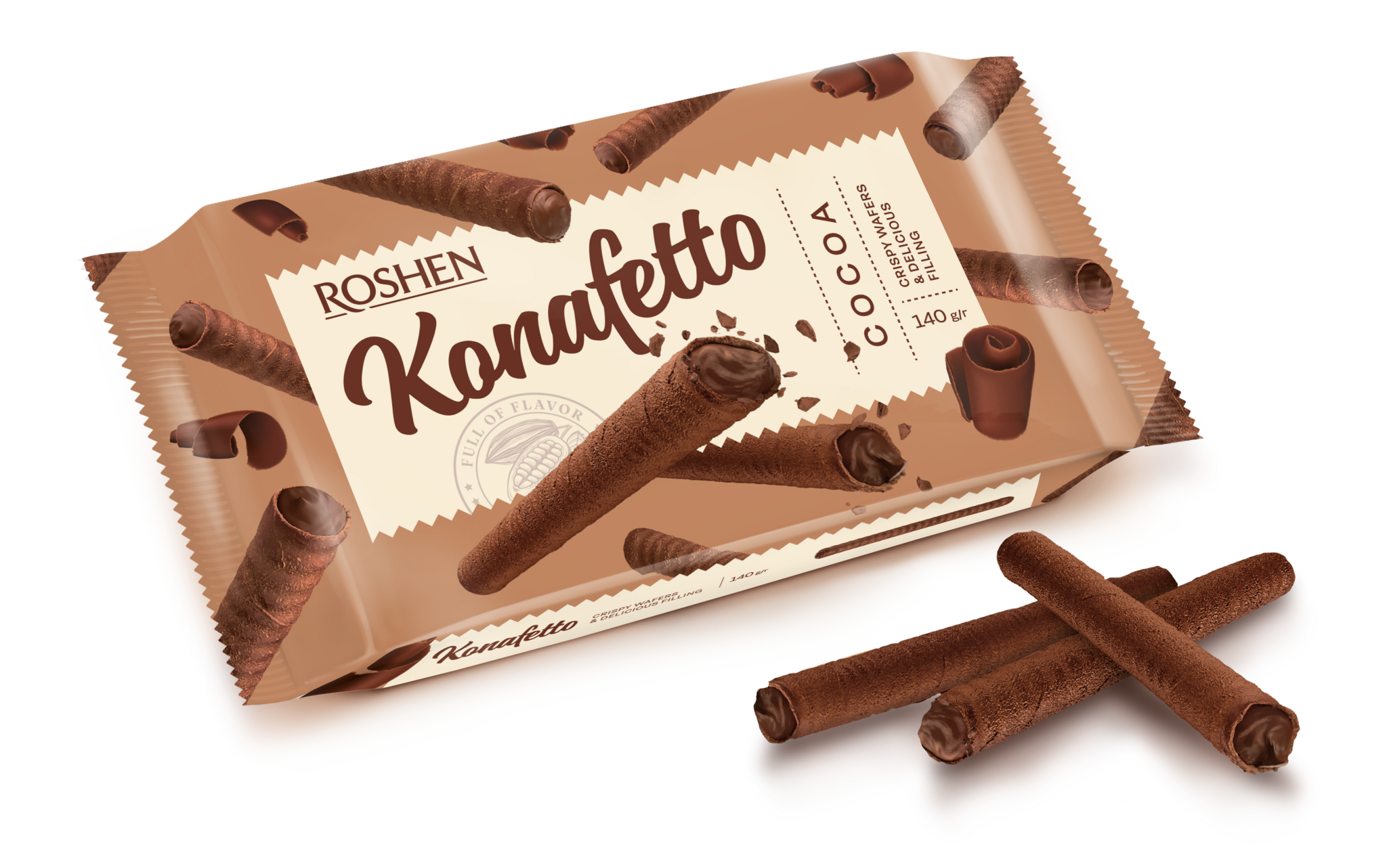 МУЧНИСТЫЕ (фас) > TRUBUSOARE ROSHEN de vafe Konafetto cacoa cu umplutura de  crem-cacao 140g / 15 buc купить в интернет-магазине