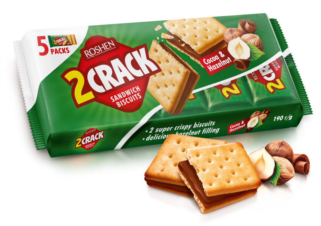 BISCUITI ROSHEN 2 CRACK  cu umplutura de cacao si nuci 190g / 26 buc