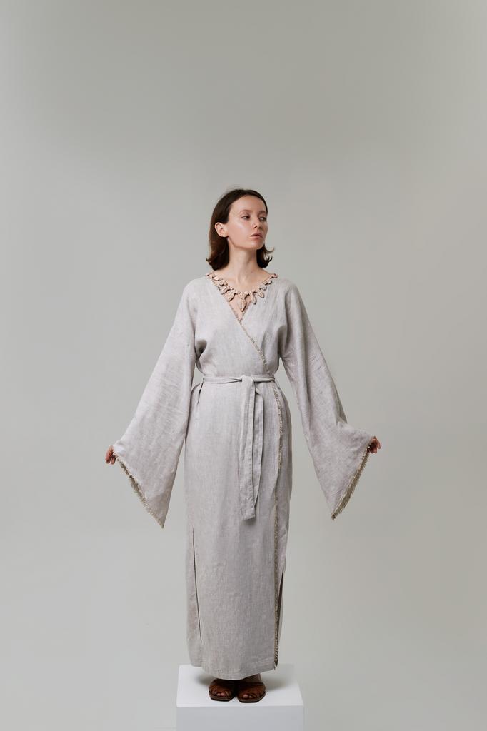 Linen kimono dress with fringed edges ECO