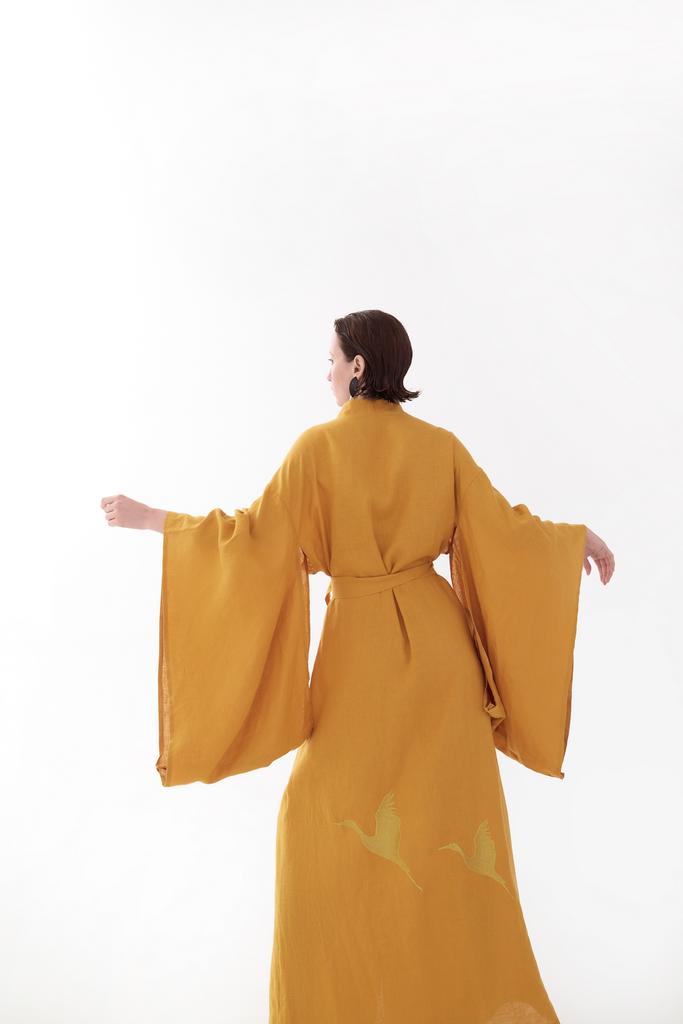 Linen Japanese style kimono dress with embroidery "Storks" Birds Collection. Saffron color