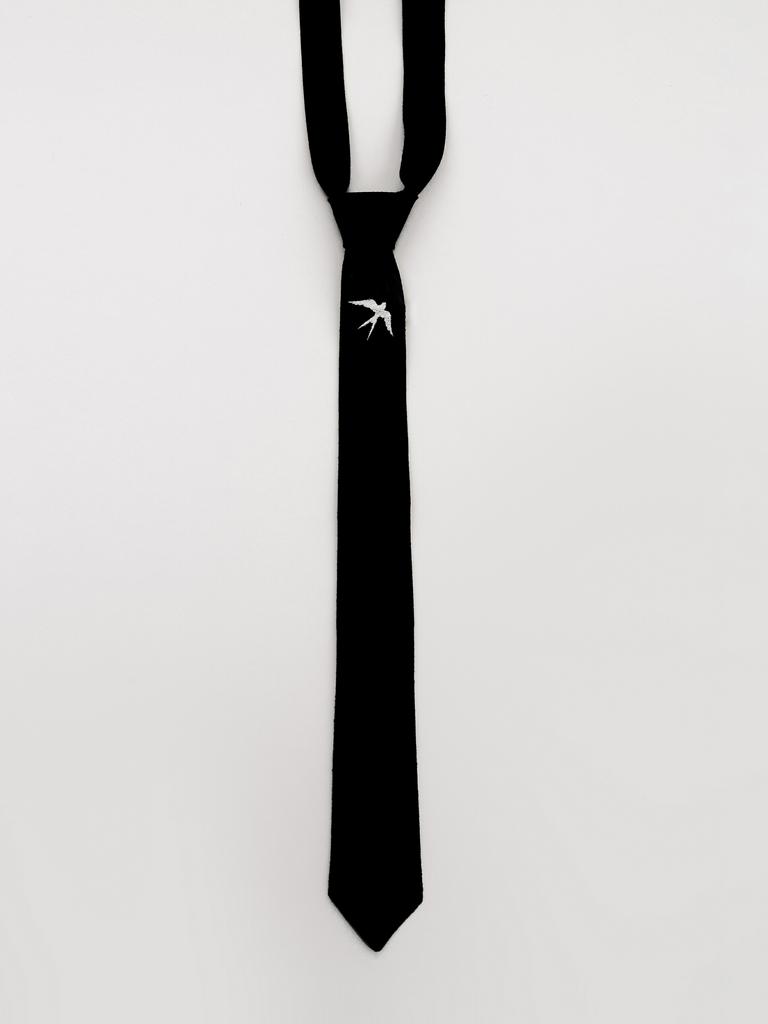 Linen Tie with Machine Embroidery "Swallow" in black color