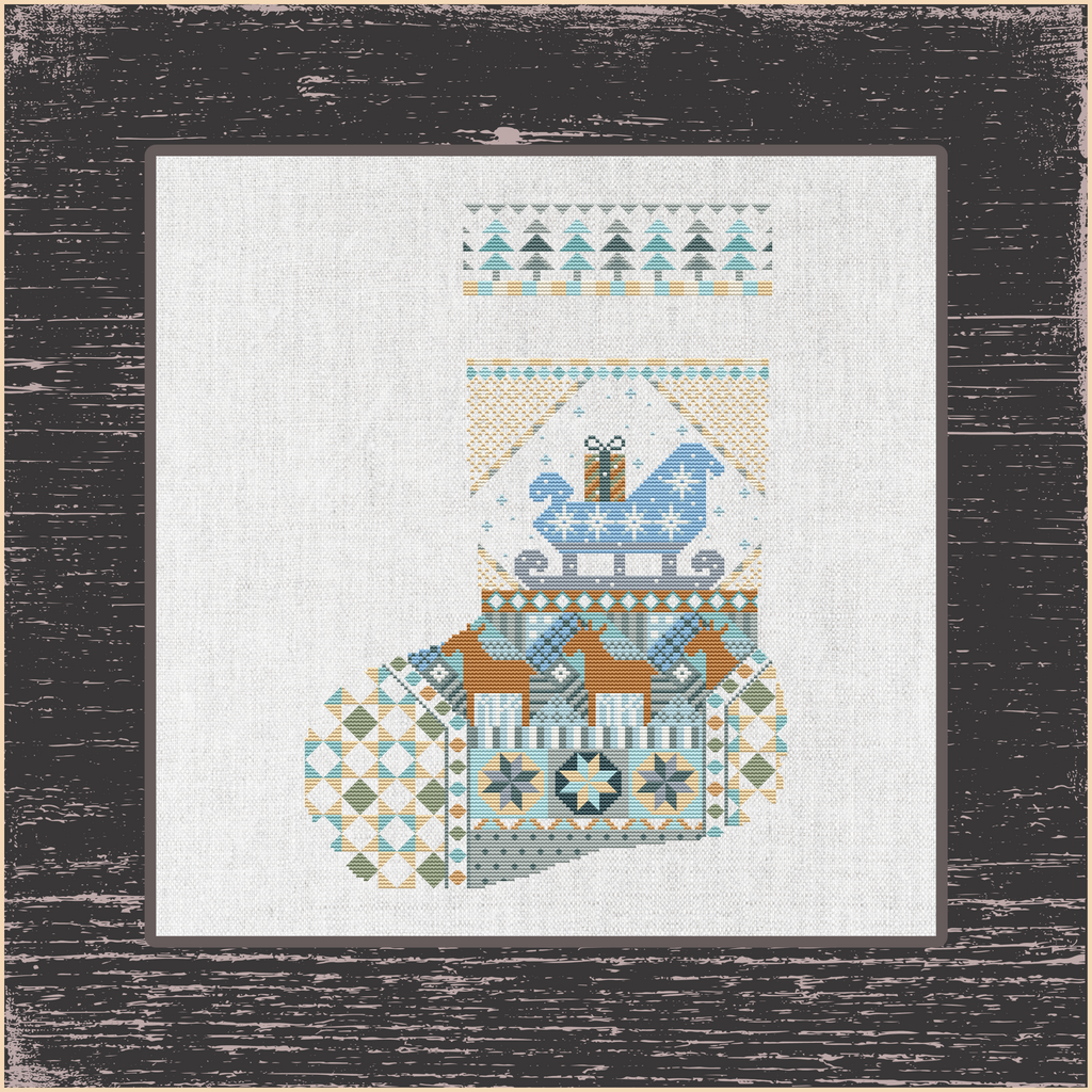 Семплер "Різдвяна панчоха у стилі пєчворк із оленями". Схема вишивки хрестом